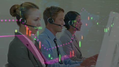 Animation-of-financial-data-processing-over-diverse-business-people-with-headsets