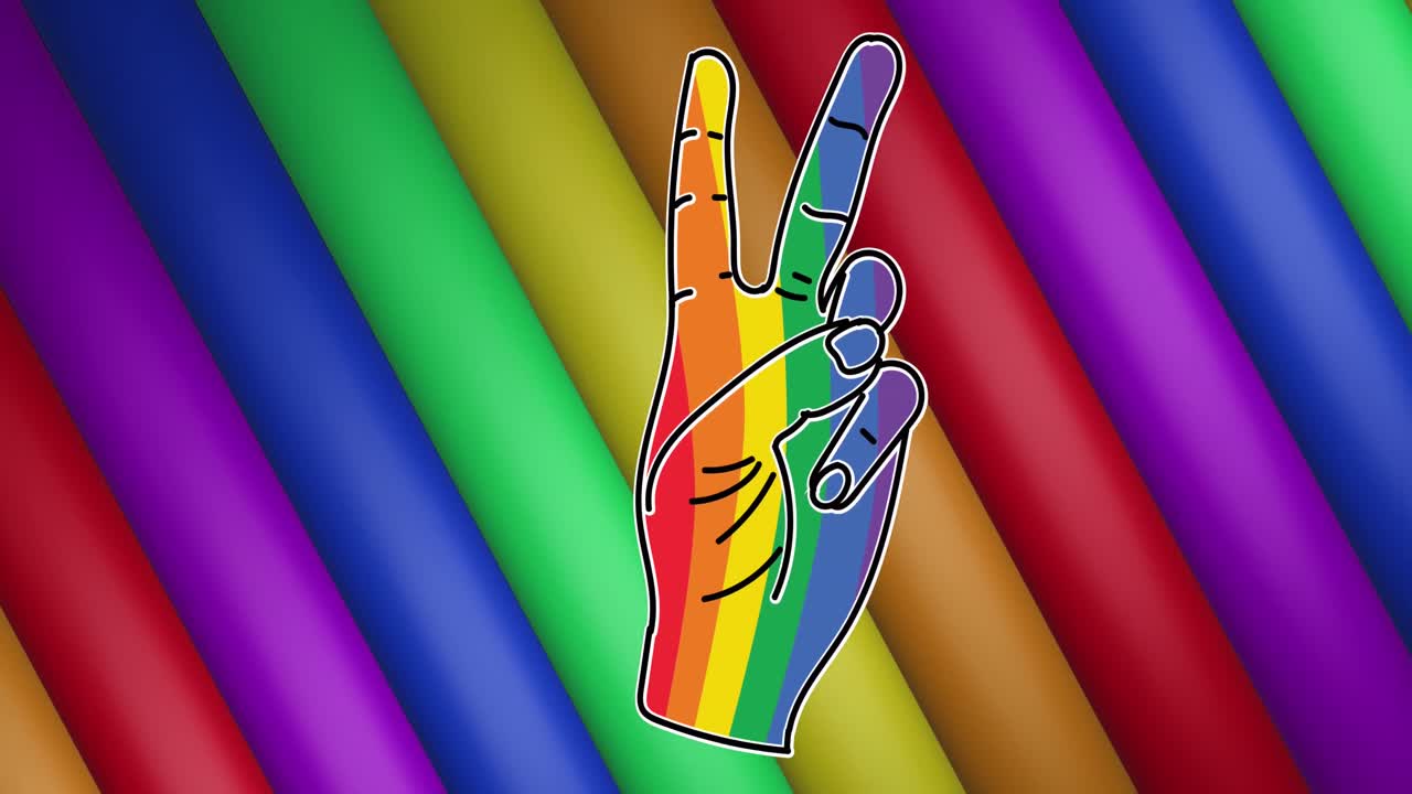 Animazione di una mano arcobaleno con il segno della vittoria su strisce e colori che si muovono in un loop continuo.