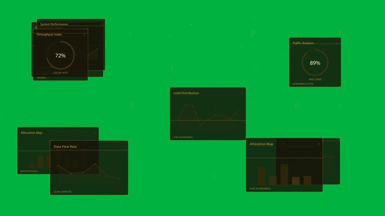 Data HUD unfolding on transparent grid, radar pinging panels, linking nodes, monitoring load