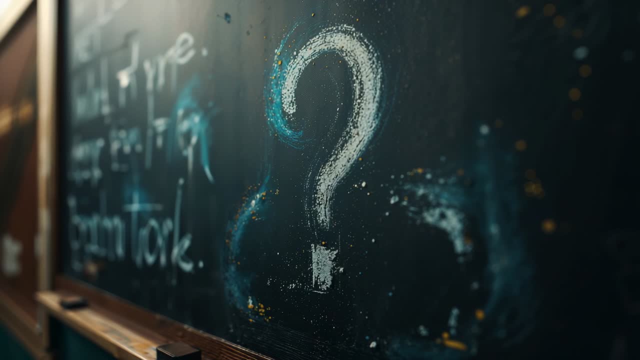 Sparkling chalk dust drifting around chalk question mark on classroom chalkboard, with chalk tray