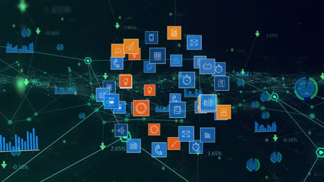 animation of network of connections with icons and data processing