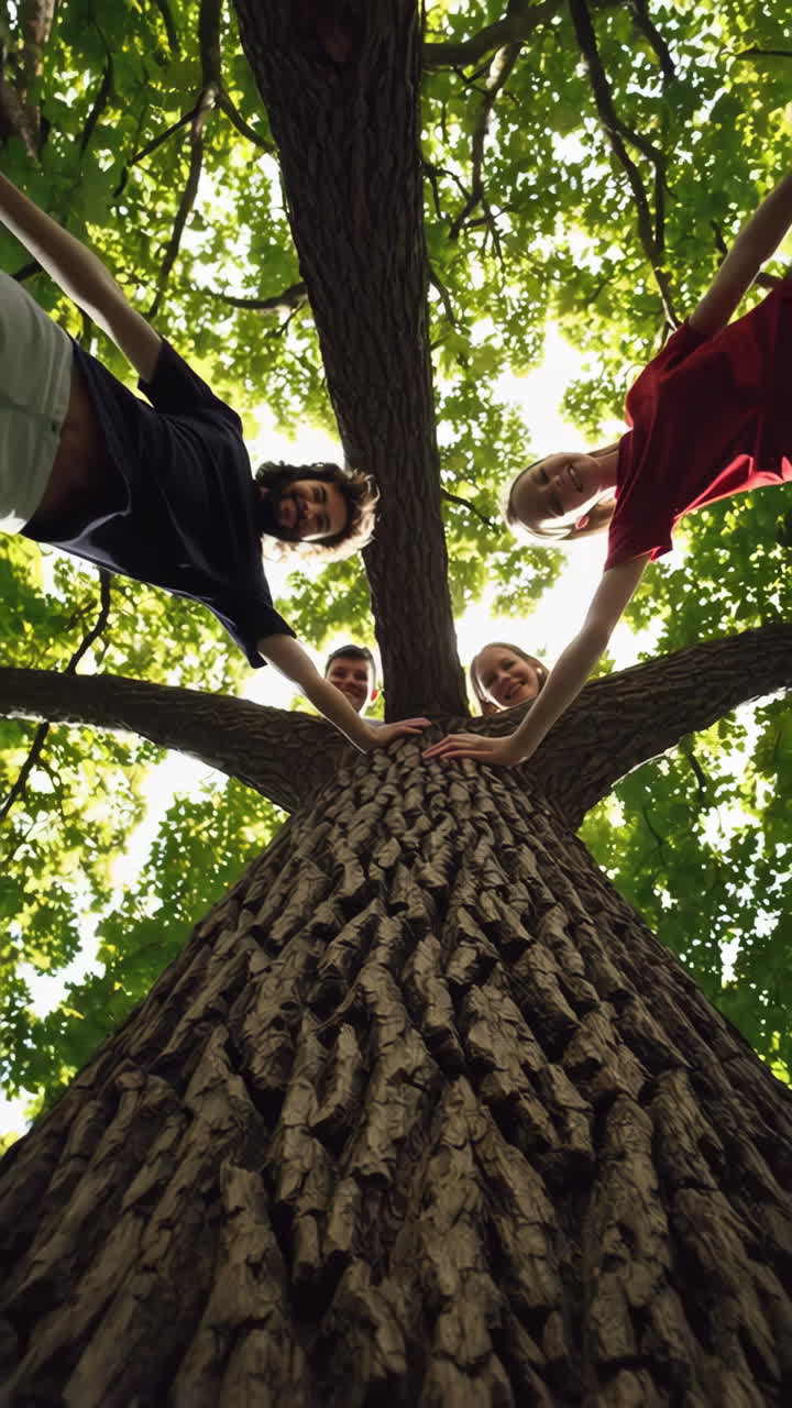 A low-angle view of a group of friends looking down from above a tree