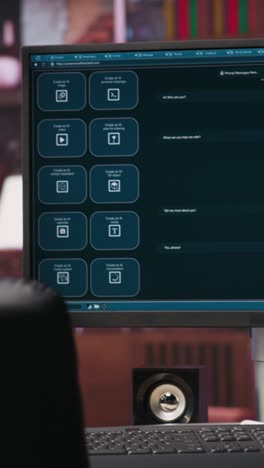 Vertical video Computer setup in bright apartment showing large language model program