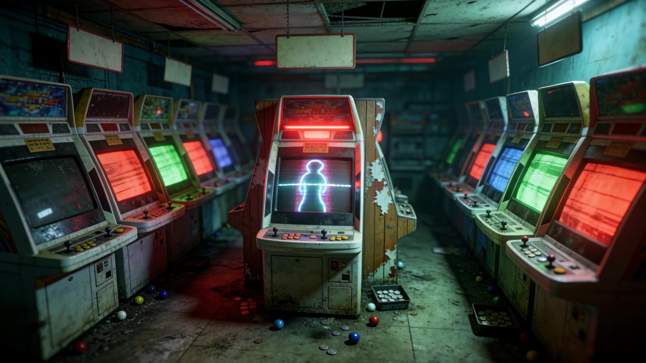 Flickering overhead lights causing central cabinet pulsing neon silhouette in cramped arcade