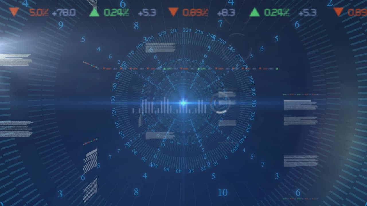 Pulsing central glow activating rotating gauges and data bar graphs expanding across tech field