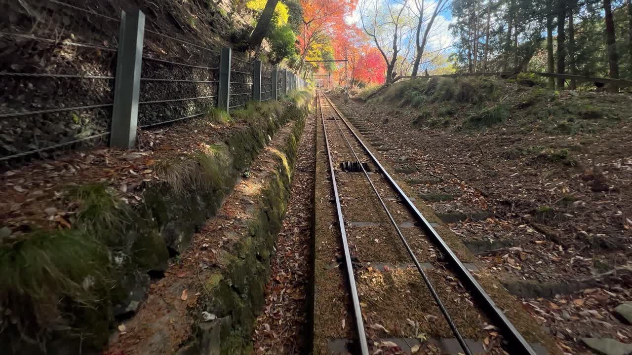 Looking out of back of cable car going down mountain with fall colors