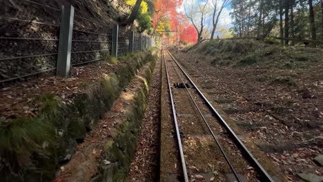 looking out of back of cable car going down mountain with fall colors