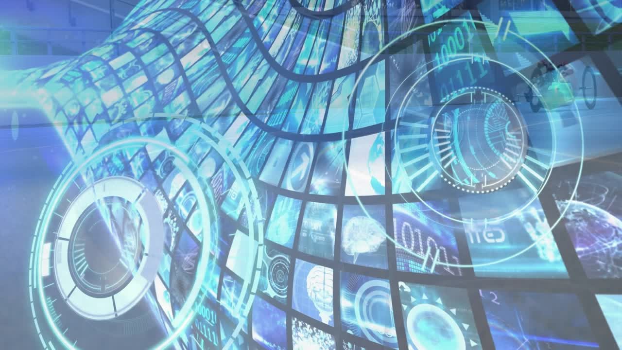 Animasjon av prosesseringssirkler over data på digitale skjermer i et blått rom.