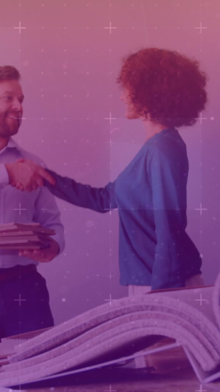 Animation of businessmen and businesswoman shaking hands over flickering lights on pink background