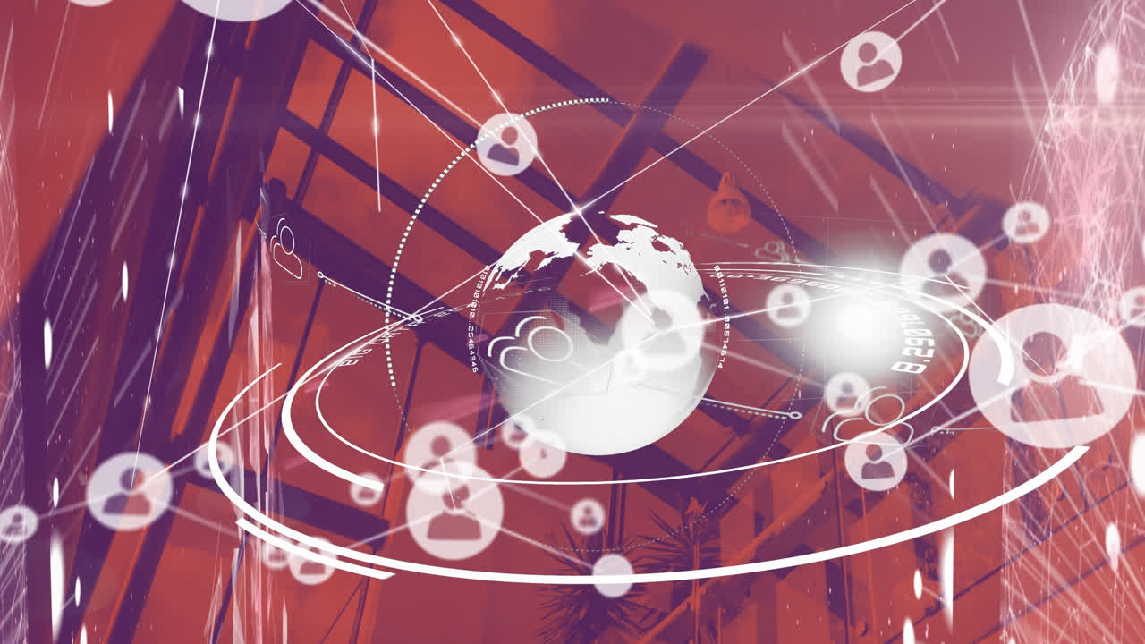 도시 풍경 위의 아이콘으로 연결된 네트워크의 애니메이션