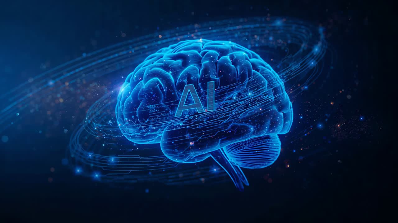 Starting loop, AI brain hologram rotating in starfield, orbit ring shifting, implying motion