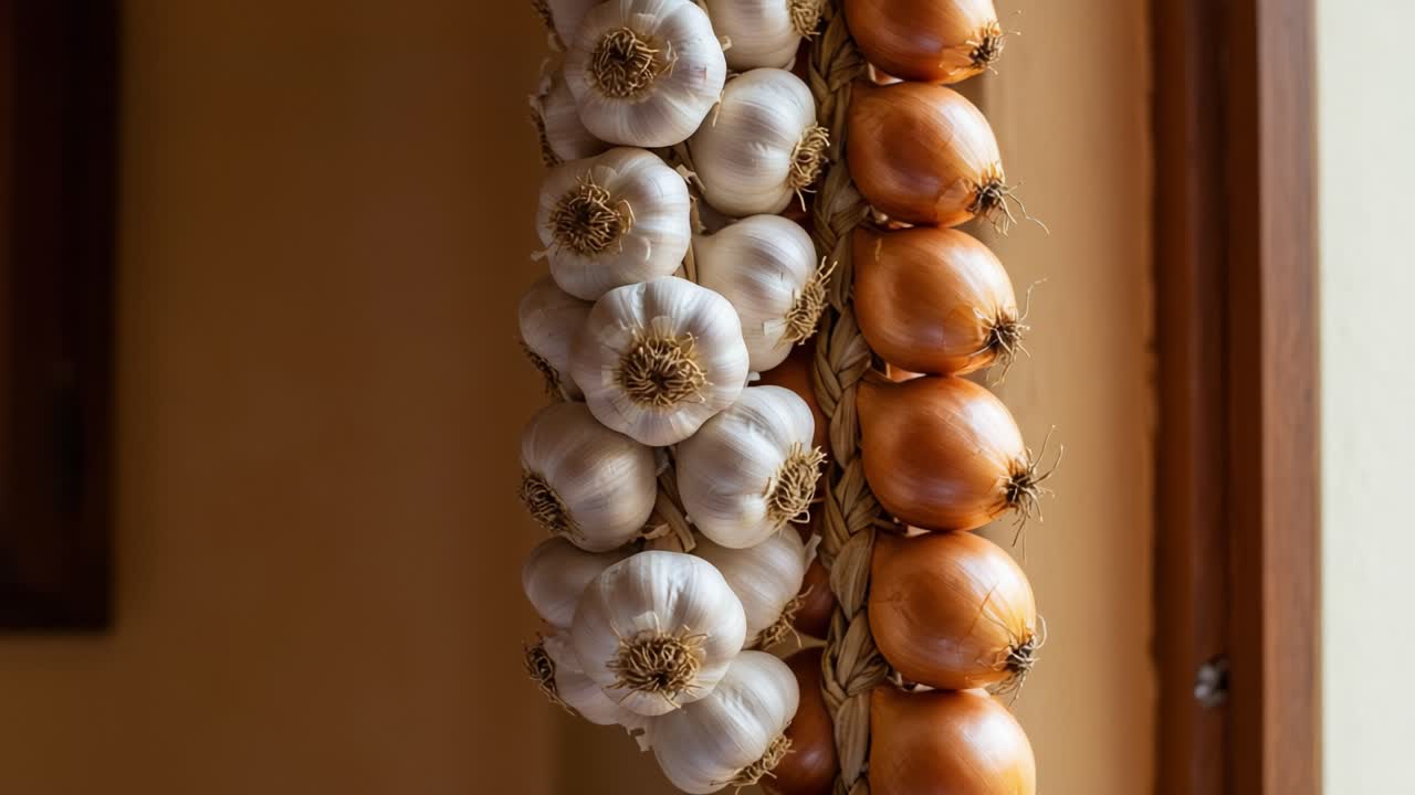 A Charming Display of Garlic and Onions: Exploring the Rustic Beauty of Ingredients Hanging in a Kitchen Atmosphere for Culinary Enthusiasts and Food Lovers