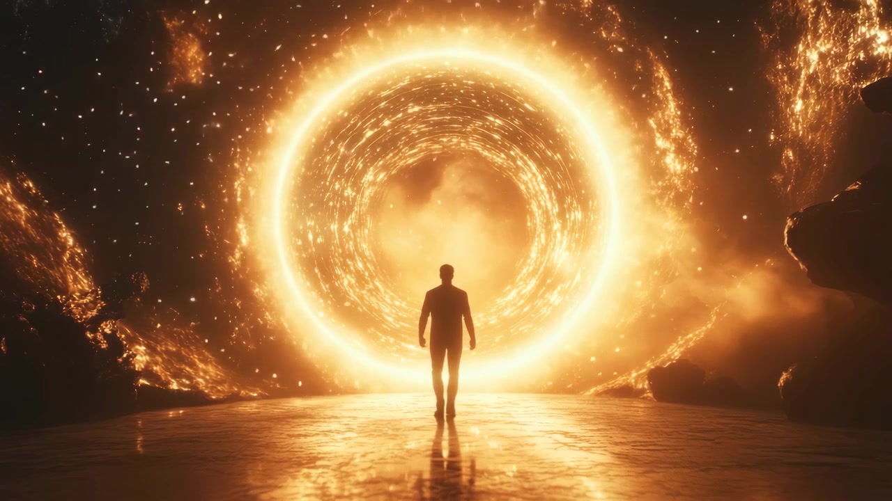 Silhouette of Man Approaching a Golden Energy Portal