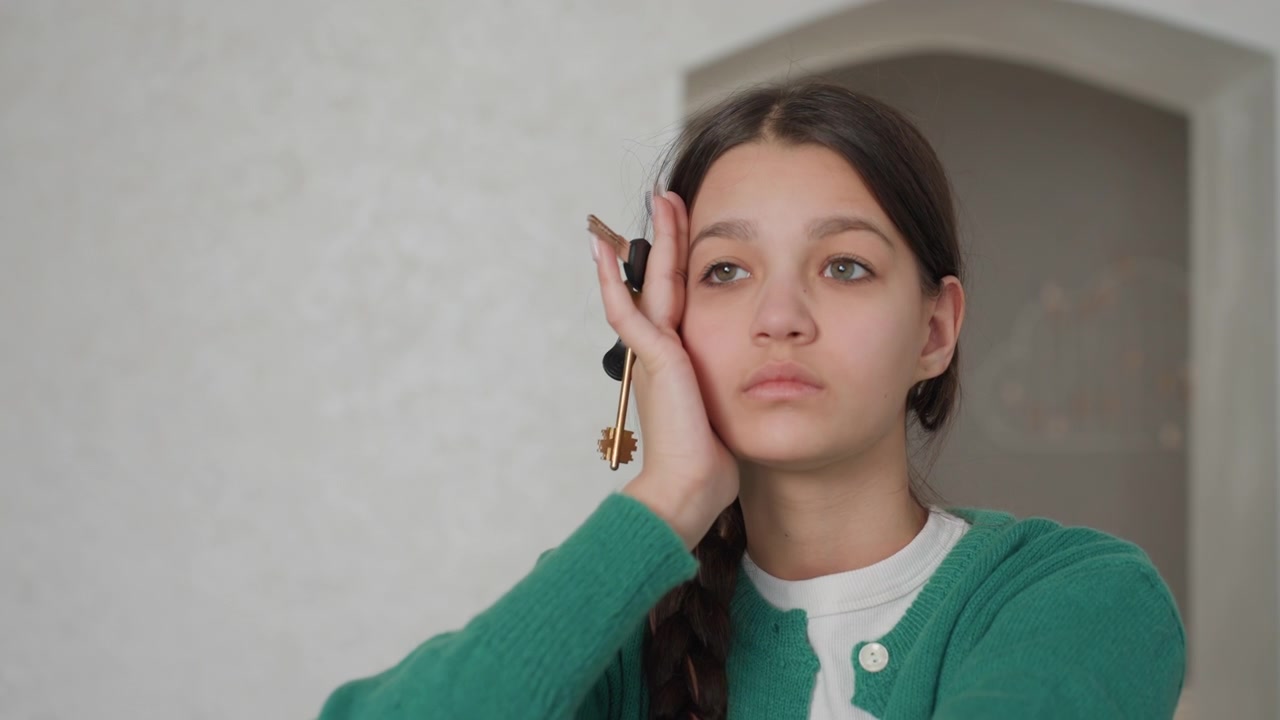 Ragazza che riflette al chiuso. Giovane donna seduta pensierosa. Ragazza emotivamente riflessiva seduta con le chiavi in mano. Un'adolescente in un appartamento vuoto mostra un umore contemplativo e sentimenti di nostalgia.