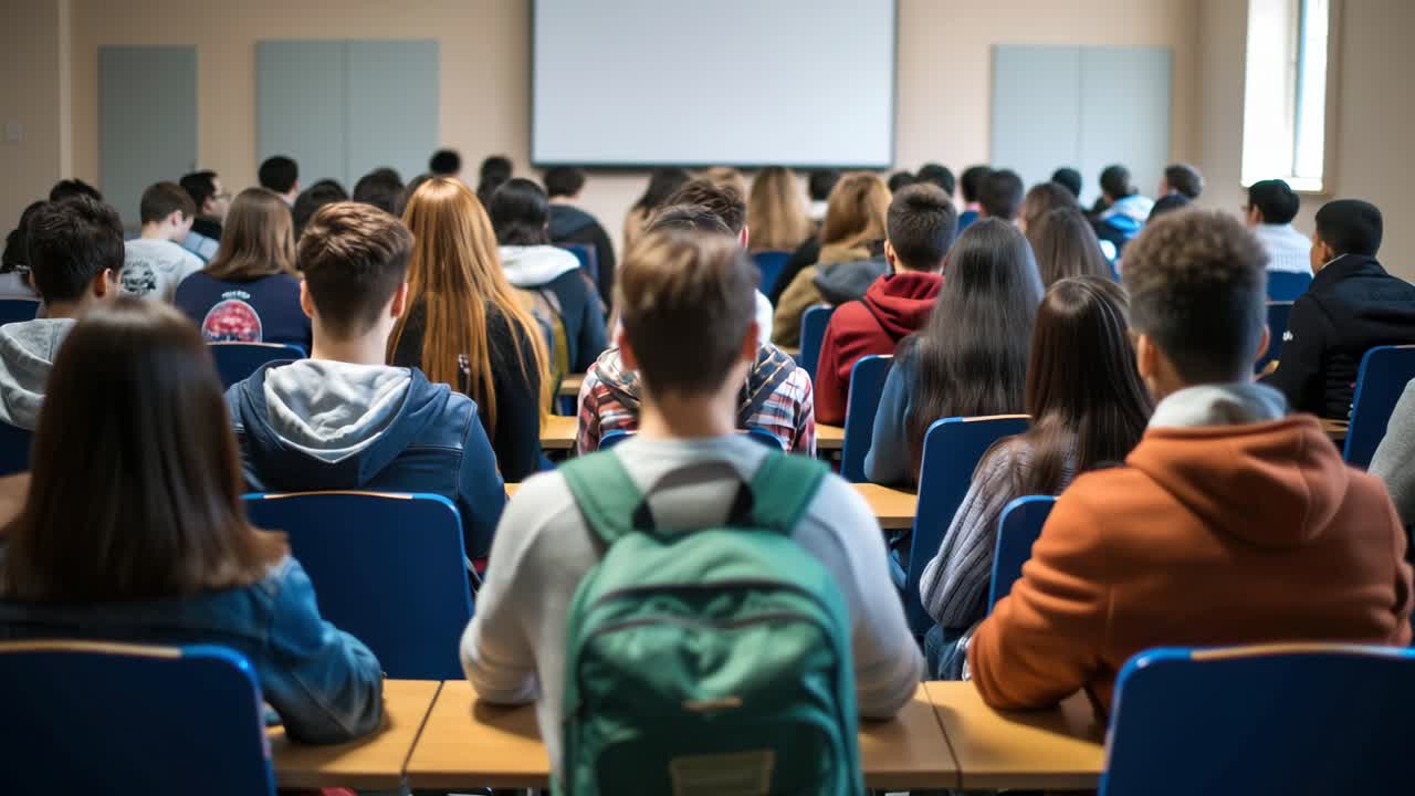 A rear-view shot of students in a lecture hall, focusing on a green backpack