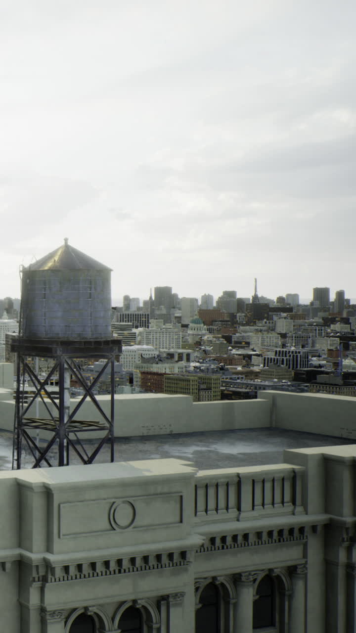 Skyline view of urban architecture featuring a vintage water tower