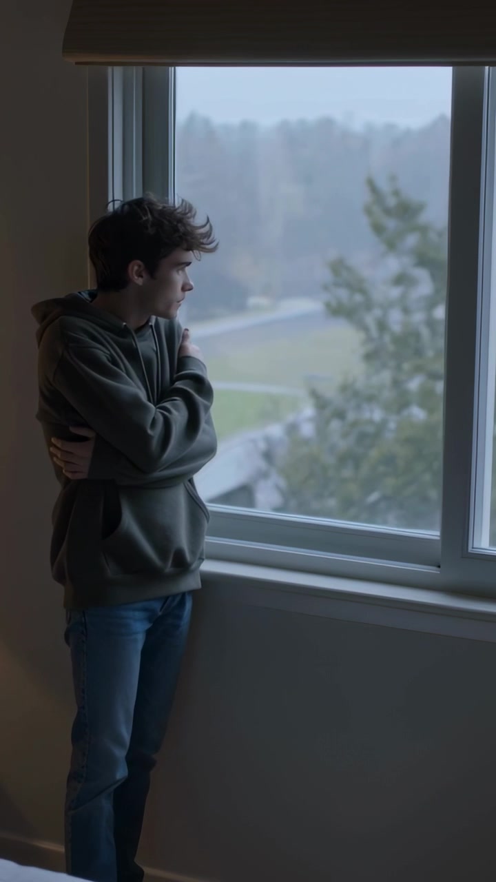 Video verticale: Ripresa di un adolescente con felpa con cappuccio color oliva, che si muove e guarda fuori da una grande finestra, con spazio per il testo.