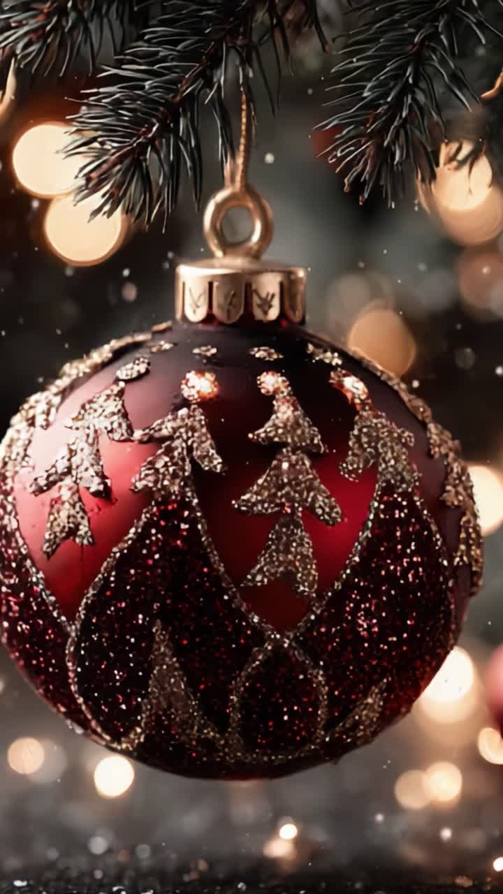 Un ornamento decorato in modo raffinato con design scintillanti e colori rosso e oro luccicanti appeso al ramo di un albero festivo tra luci di sfondo scintillanti