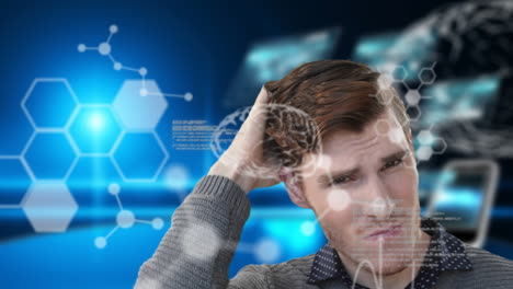 animación del cerebro humano y procesamiento de datos médicos sobre el hombre confundido