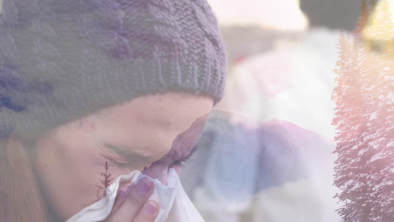 겨울 풍경을 배경으로 조직을 사용하여 재채기하는 여성의 애니메이션