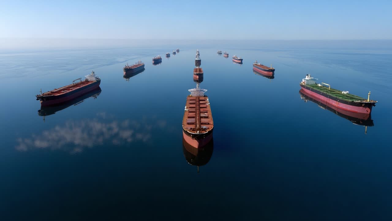 Aerial view shows calm ocean with large cargo ships sailing in formation. Blue sky and still water reflect ship silhouettes perfectly. No people visible. Ideal for shipping, logistics