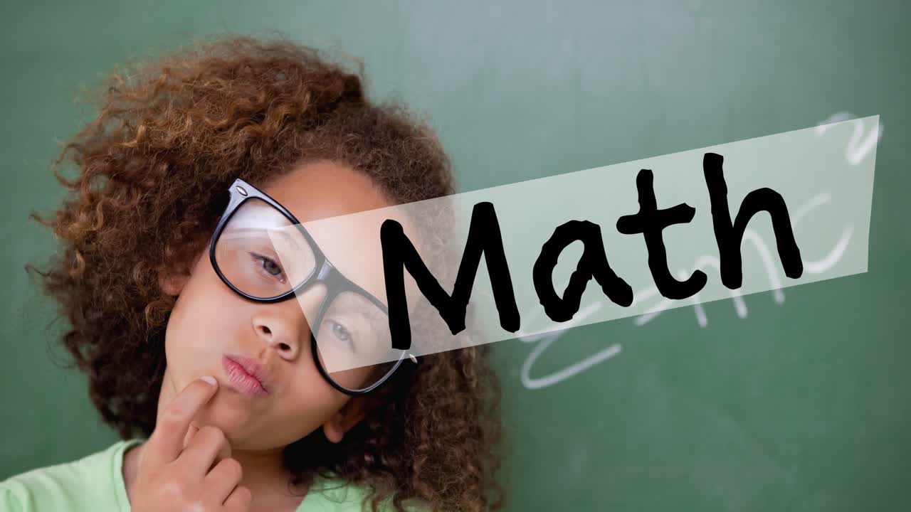 Math text over a banner against portrait of african american girl against black board at school