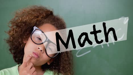 math text over a banner against portrait of african american girl against black board at school