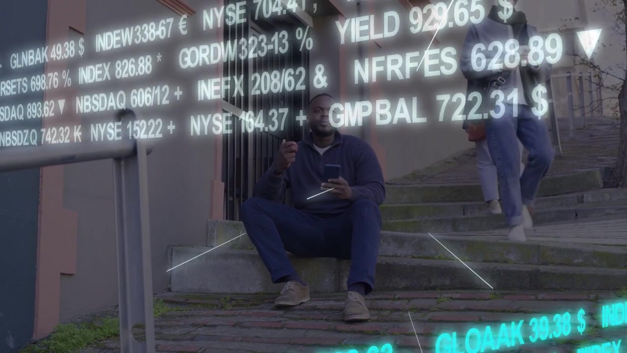Seated man gesturing with smartphone on steps, animating finance tickers rising to phone for stocks