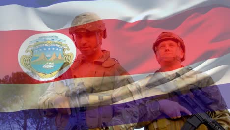 animation of flag of costa rica over diverse male soldiers with weapons