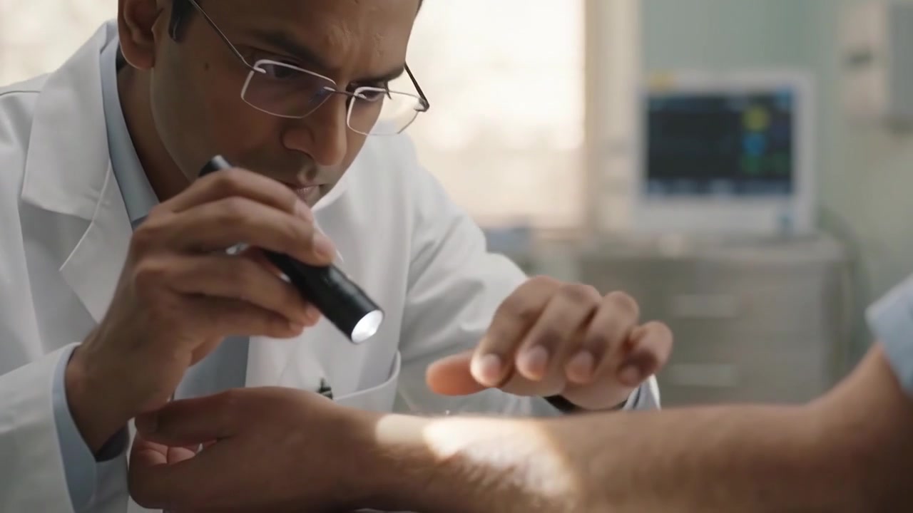 Doctor Examining Patient's Arm with Flashlight in Medical Clinic