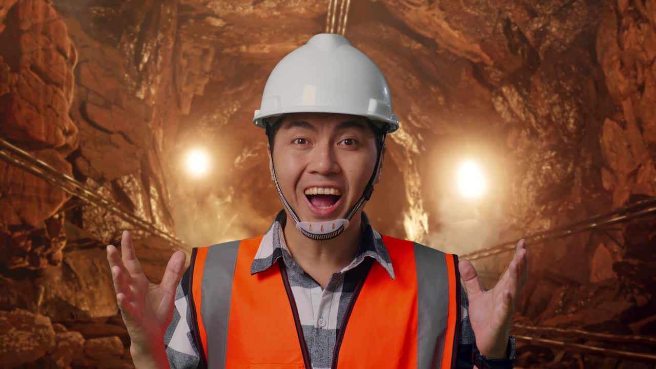 Close Up Of Asian Male Engineer With Safety Helmet Smiling To Camera And Saying Wow While Standing In Underground Mine Tunnel