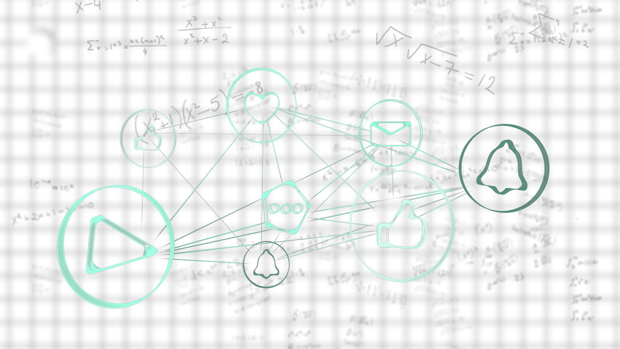Animation of geometric shapes and social media icons on math equations background
