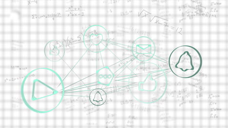 Animation of geometric shapes and social media icons on math equations background