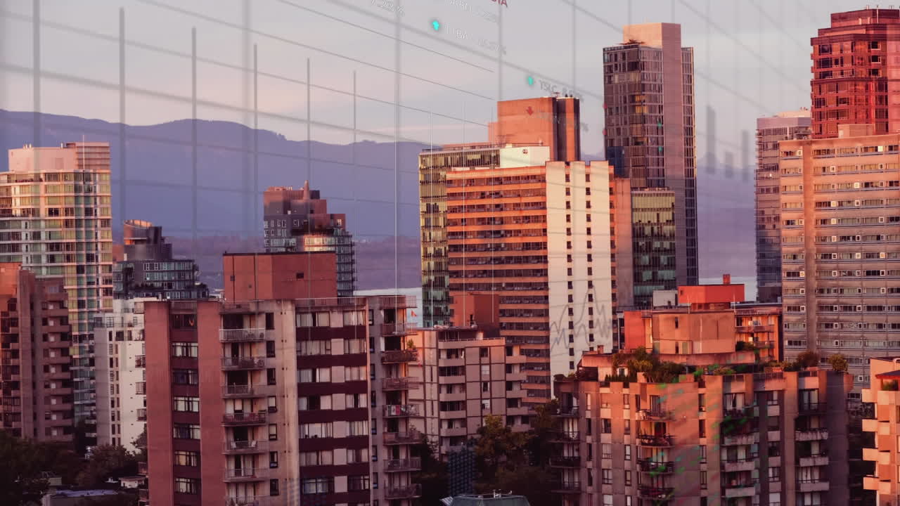 Animação de processamento de dados financeiros sobre a paisagem urbana