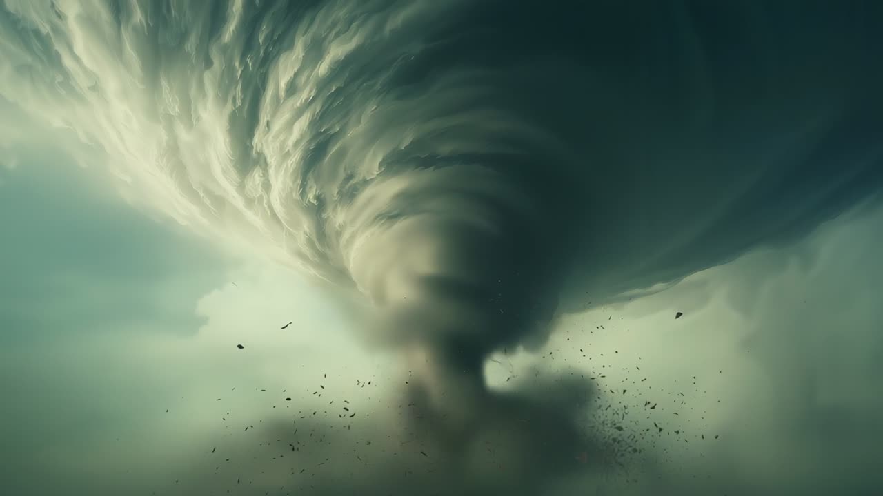 Swirling storm clouds spawning tornado funnel spiraling down over plains, kicking debris fragments