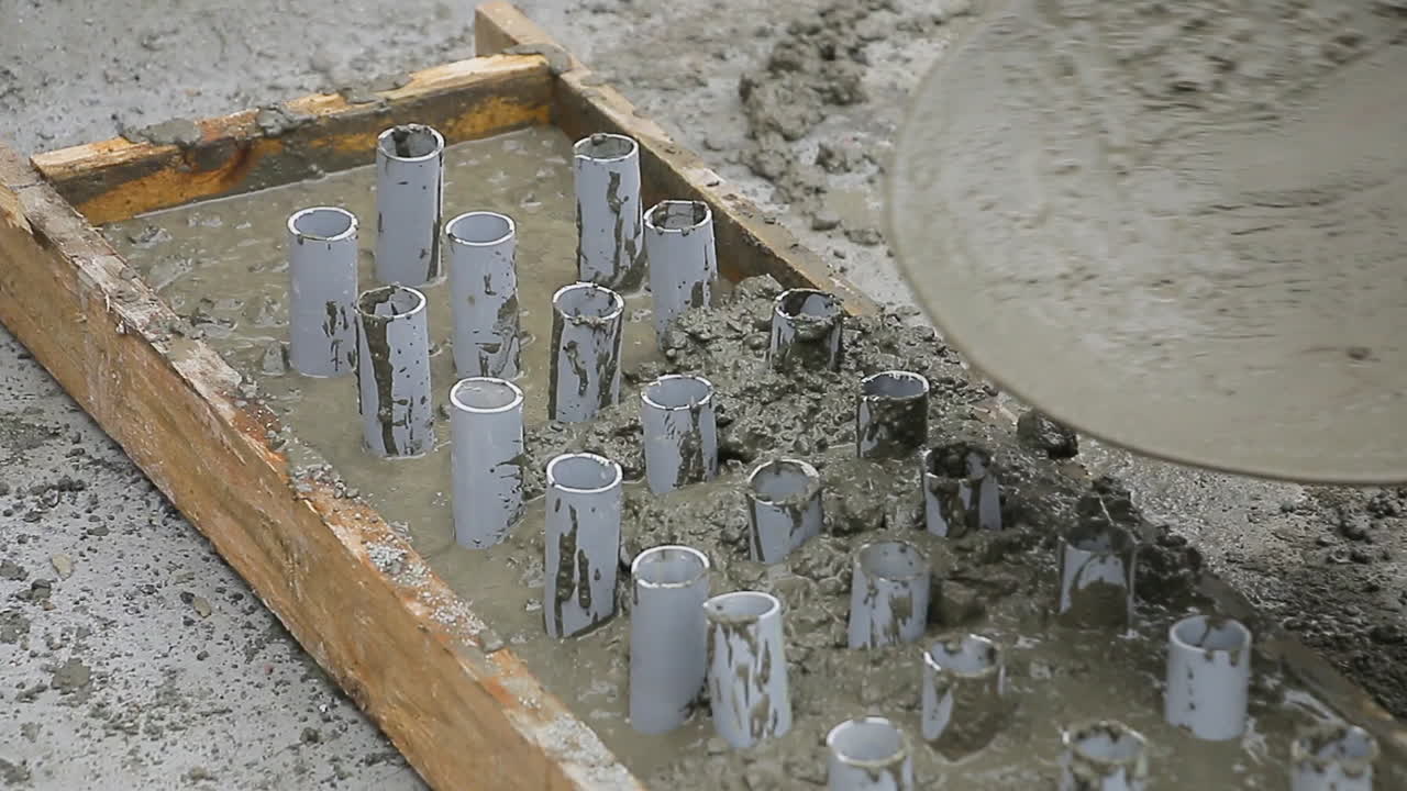 Indian mason worker placing and leveling concrete wet mix around PVC pipes in a slab mold