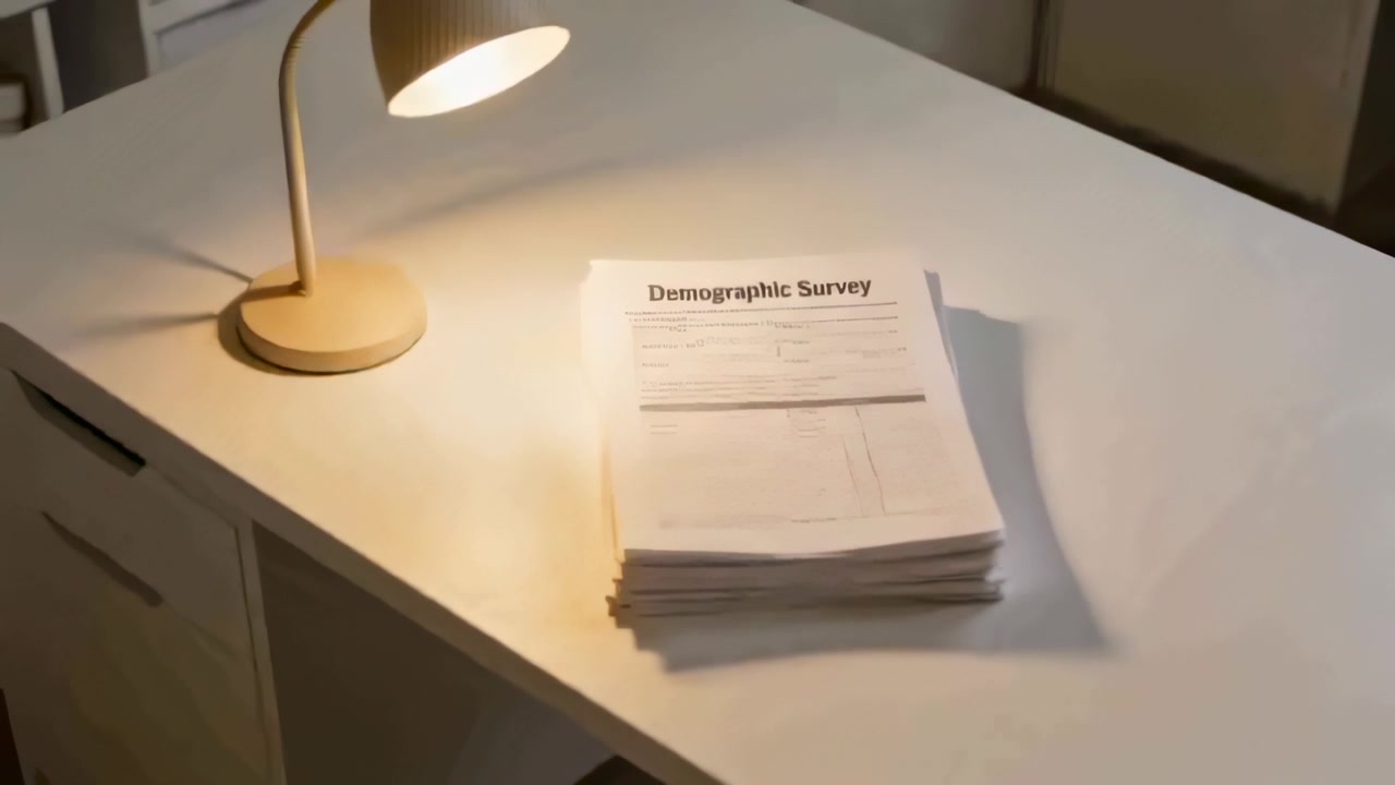 Panning camera bringing Demographic Survey stack toward center of white desk, lamp casting shadow