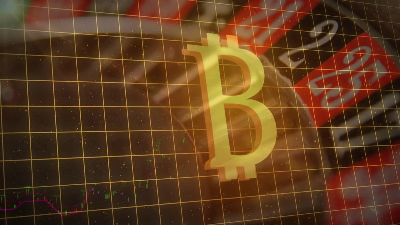 símbolo de bitcoin dorado sobre líneas de cuadrícula contra el giro de la ruleta
