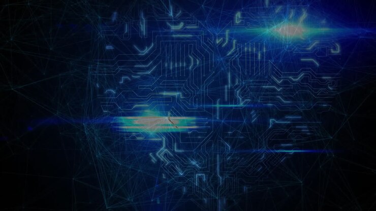 Circuito stampato e animazione del flusso di dati su sfondo digitale blu
