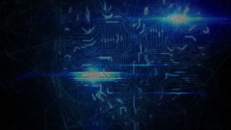 animación de la placa de circuitos y el flujo de datos sobre un fondo digital azul