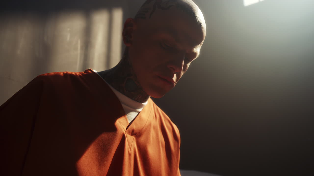 Tattooed Inmate with Shaved Head Sketching on Paper in Prison Cell