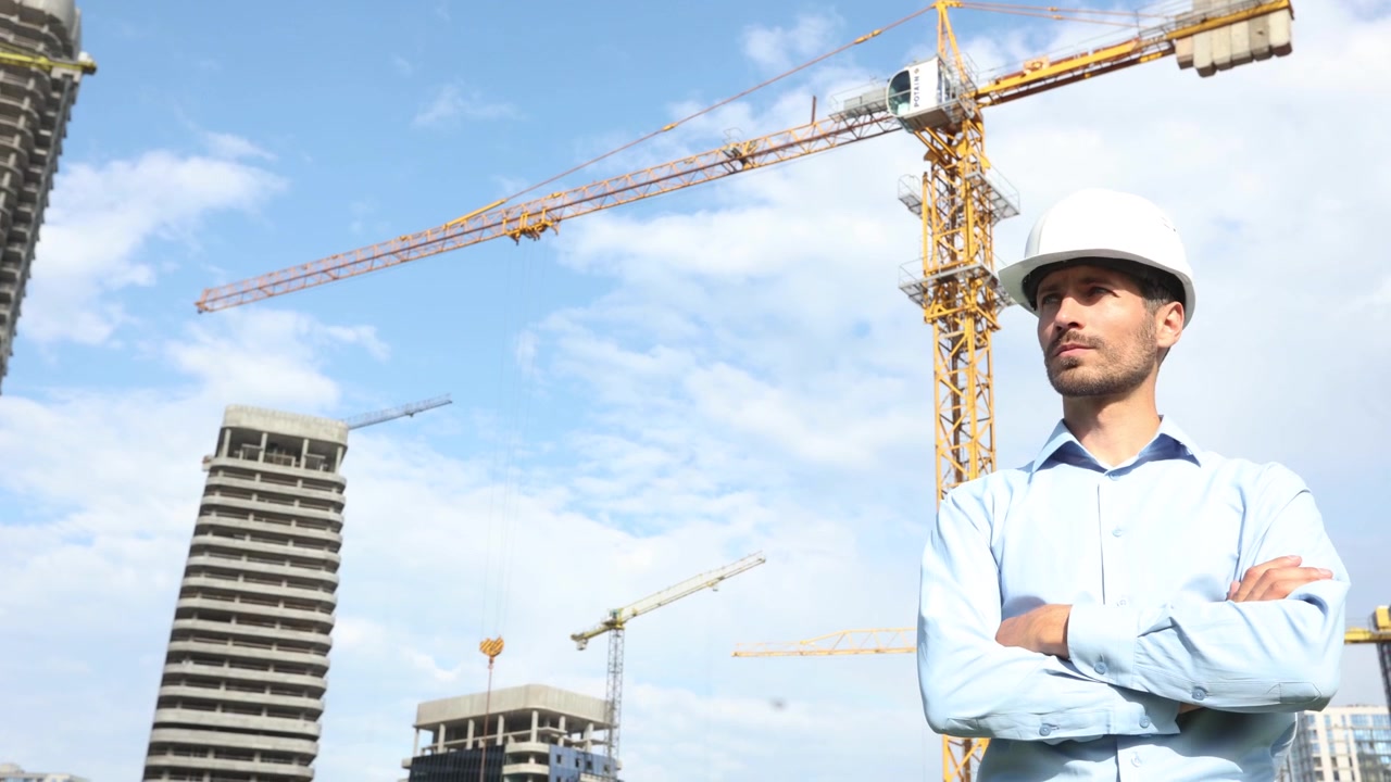 Ingeniero seguro con casco en obra de construcción