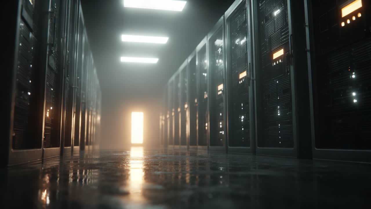 Et indblik i teknologiens hjerte: Et fordybende kig på et datacenter med rækker af serverracks oplyst af blødt lys og en mystisk åben dør