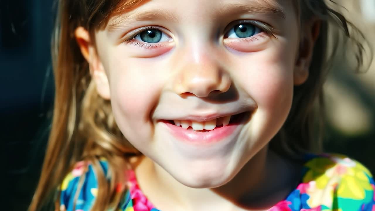 Retrato em close-up de uma menininha sorridente com olhos azuis