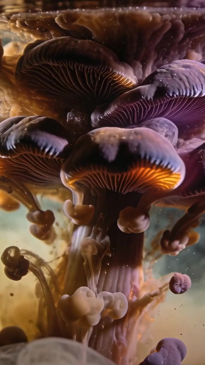 Vertical video: Injecting ink at surface, plume forming ruffled cap in clear tank, revealing gills