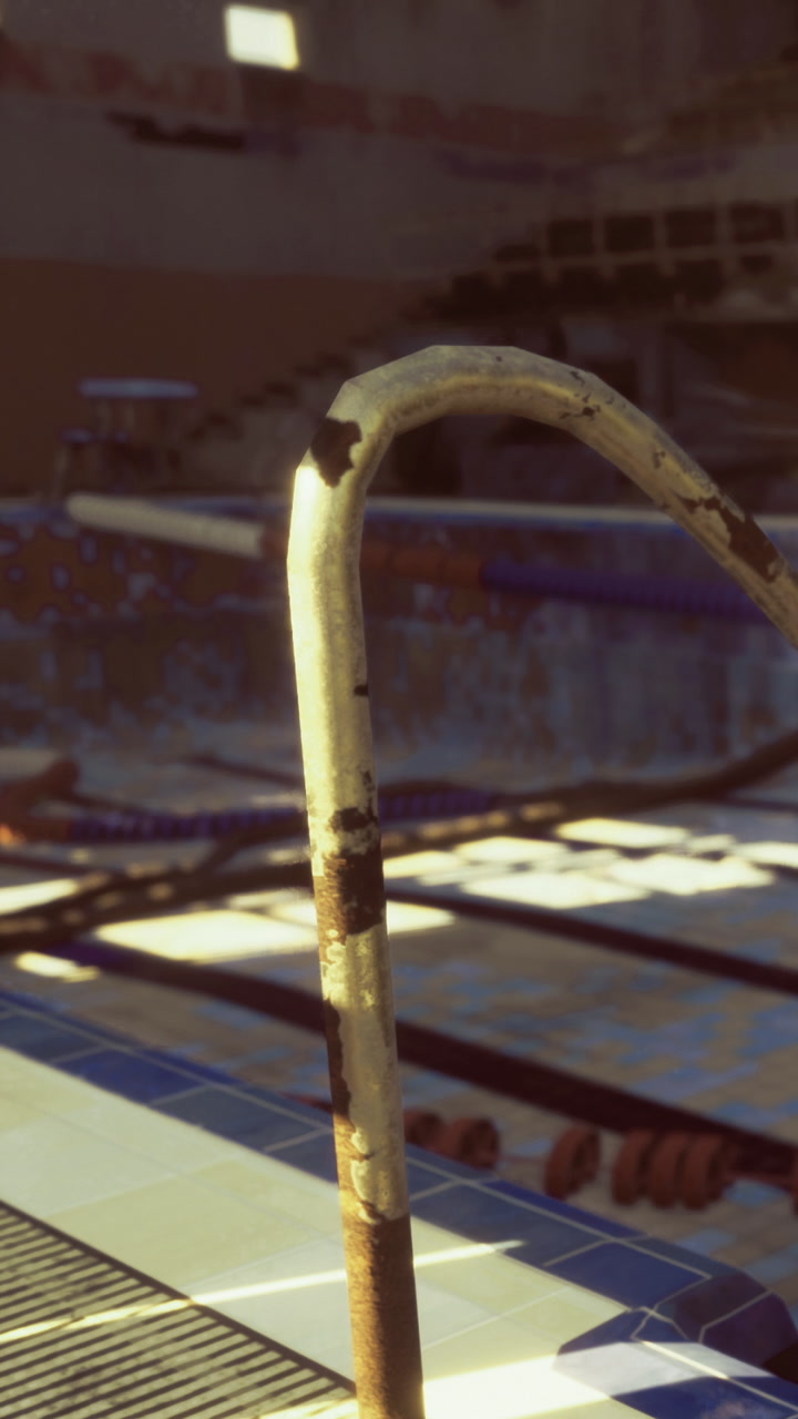 Poolside tranquility at a deserted swim area under golden sunlight