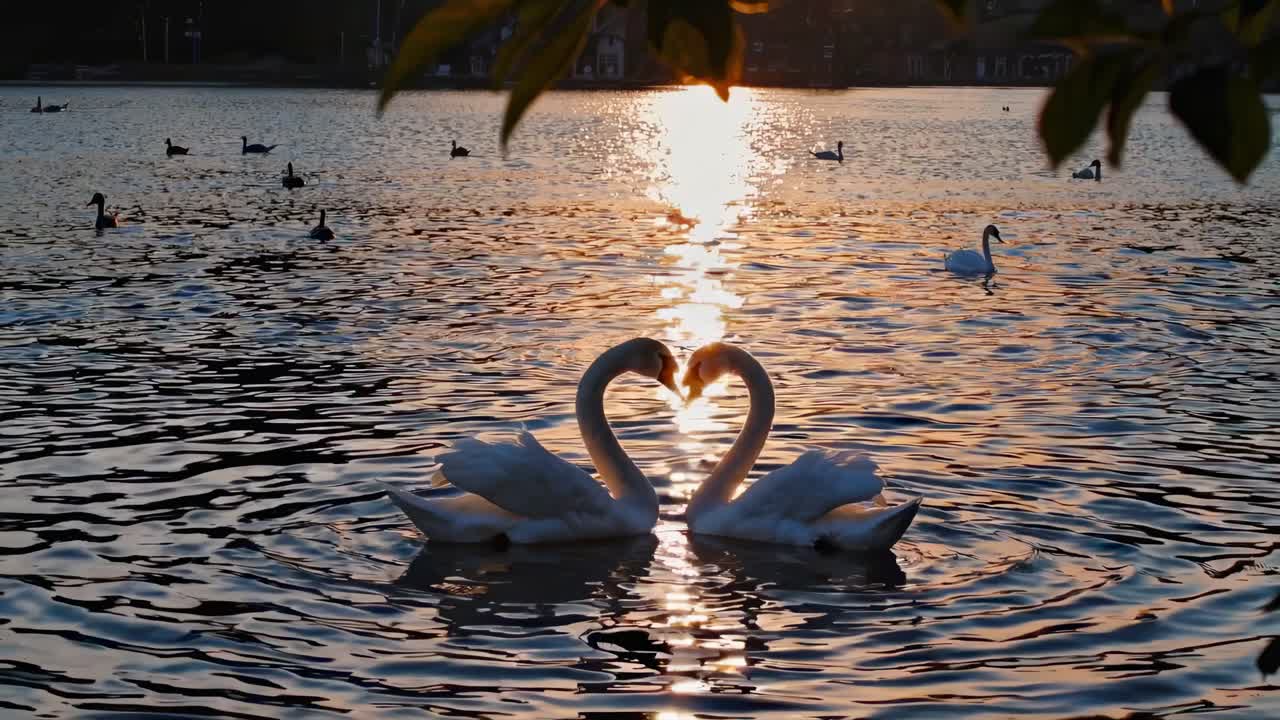 Romantic video capturing two swans forming a heart shape at sunset, reflecting tranquility and love