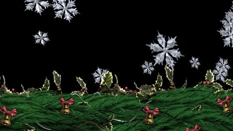 christmas holly wreath with snowflakes falling