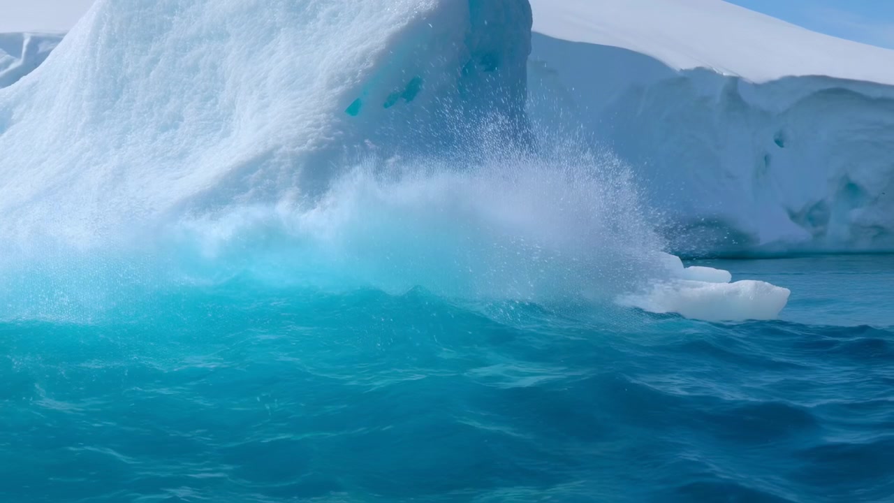 Massiver Eisberg kollidiert mit türkisfarbenem Polarmeer, wodurch eine aufspritzende Gischt, weißer Sprühnebel, aufgewühlter Schaum und sich kräuselndes Wasser um die eisige Basis unter kaltem Tageslicht entstehen, mit Eisberg, Eis, Ozean, Wasser