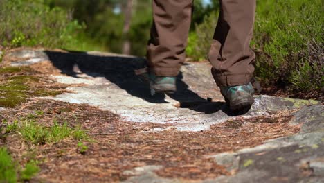 ruta de senderismo de ángulo bajo con la persona y la sombra entrando en el marco y pasando la cámara con solo zapatos y piernas visibles - hermoso clip soleado de poca profundidad en cámara lenta con vegetación verde